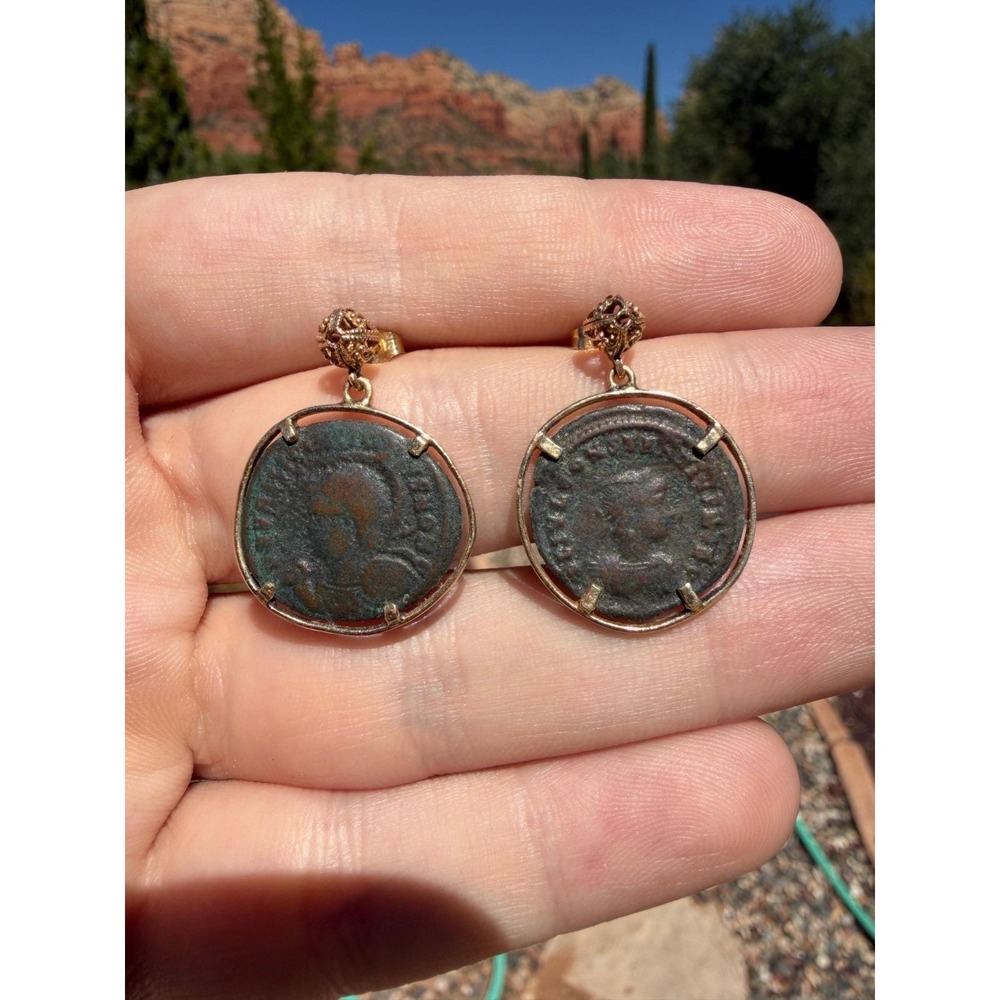 14k Solid Yellow Gold Roman Coin‎ Dangle Earrings Authentic Bronze Vintage Style - Picture 3 of 6